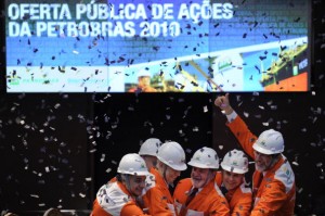Sao Paulo's Stocks Exchange (Bovespa) CEO Edemir Pinto, Brazil's Vice President Jose Alencar, Brazil's President Luiz Inacio Lula da Silva, Brazil's Minister of Finance Guido Mantega and Petrobras state-oil company CEO Jose Sergio Gabrielli get together to start the morning trading session