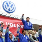 Mexican workers outside the Volkswagen plant in Puebla