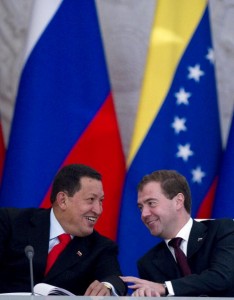 Russian President Dmitry Medvedev (R) and his Venezuelan counterpart Hugo Chavez speak during a signing ceremony in the Kremlin in Moscow