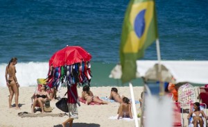 Sunbathers enjoy Ipanema Beach in Rio de Janeiro