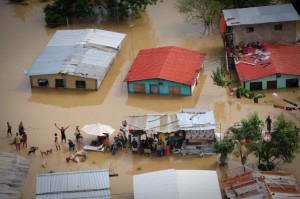 Aerial view of flooded houses in Barlovento, Miranda state, 150 Km northeast of Caracas, Venezuela