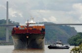 A freight-carrying ship sails under the Centenario bridge at the Pedro Miguel locks entrance in the Panama Canal