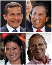 Combo of recent pictures of Peruvian presidential candidates, Ollanta Humala (L, top) for Gana Peru party, Alejandro Toledo (R, top), for Alianza Peru Posible party, Keiko Fujimori (L, bottom), daughter of former (now jailed) Peruvian President (1990-2000), Alberto Fujimori, for Fuerza 2011 party, and Pedro Pablo Kuckzynski for Alianza Por El Cambio party. Peru will hold presidential elections on April 10, 2011. AFP PHOTO / Cris BOURONCLE - Geraldo CASO - Martin BERNETTI (Photo credit should read MARTIN BERNETTI/AFP/Getty Images)
