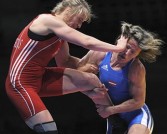 Agnieszka Jadwiga Wieszczek (L, in red) from Poland fights with Vasilisa Marzaliuk from Latvia in the final for the third place of the European Wrestling Championship 