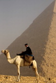 Egyptian policeman on a camel in front of the pyramid of Khafre