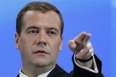 Russian president Dmitry Medvedev at a news conference May 18