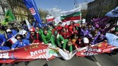 Activists of several national trade unions and European Trade Union Confederation march with their banners and flags in Budapest on April 9, 2011 during peaceful demonstration