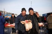 pigs Farmers pose with a pigs head at the Leshan Bazaar for goods of the Spring Festival at the Leshan Township on January 31, 2010