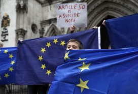 Pro-EU supporters outside the High Court in London, which has been hearing the Article 50 case