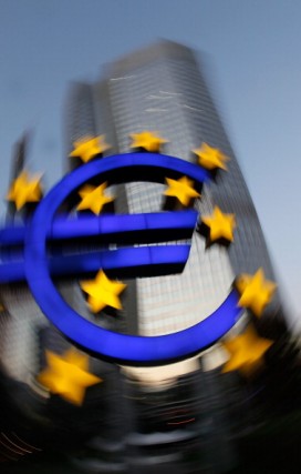 Europe Wrestles With Debt Crisis Euro symbol at the European Central Bank