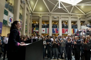 Dean Blount addresses students, faculty and staff