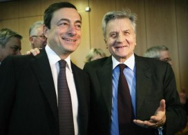 Mario Draghi with Jean-Claude Trichet. Image by Getty.