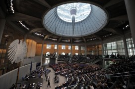 Merkel making her speech in the Bundestag. Johannes Eisele/AFP/Getty Images