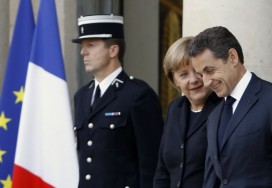 German chancellor Angela Merkel and President Nicolas Sarkozy following their meeting in Paris. Photo: Remy de la Mauvinere/AP