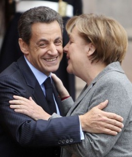 Merkel and Sarkozy say goodbye after a meeting in November in Strasbourg. Photo: Michael Probst/AP
